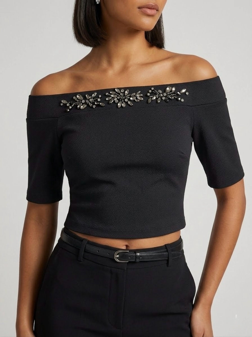 ⁠SMART SET Black Rhinestones Off-The-Shoulder Crop Top P/S⁠